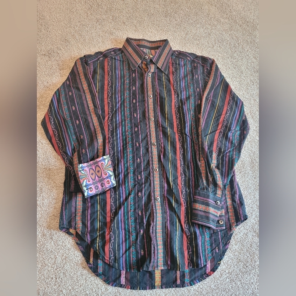 Robert Graham Size Medium Long Sleeve Dress Shirt With Skulls & Hats, Multicolor